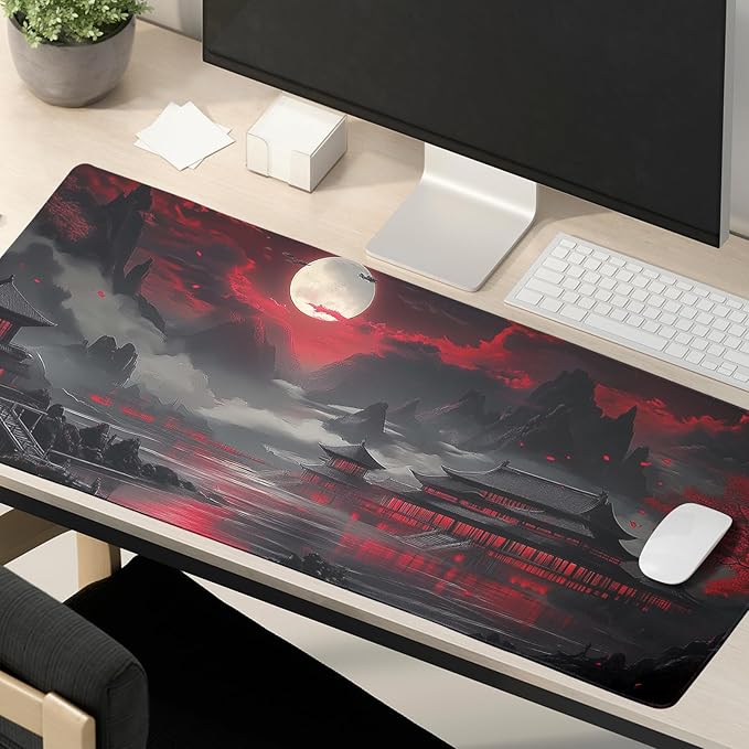 Japanese Mouse Pad Large Riverside Full Moon Desk Mat Black Red Mouse Pad Gaming 35.4"x15.7" Long Keyboard Pad Mouse Mat with Stitched Edges Non-Slip Base Computer Pc Desk Pad for Office Work Home