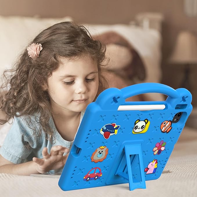 for Apple iPad Pro 11 Inch Kids Case (M5/M4) 2025/2024 with Pencil Holder/Kickstand/Handle Stand Slim Lightweight Cute DIY Soft EVA Shockproof Rugged Silicone Girls Boys Cover, Sky Blue Bear