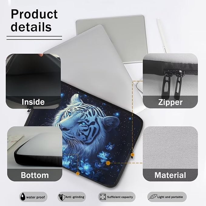 Tiger Laptop Protective Sleeve for Women 10inch Lap Top Case Portable Computer Sleeve Slim Laptop Protector Flower Zippered Pouches for Travel Office Business Laptop Carrying Case Black