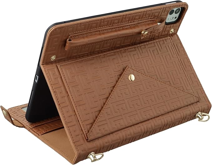 Handbag Case for iPad Pro 13-inch M5 2025/M4 2024, Techcircle Elegant Crossbody PU Leather Folio Envelope Pocket Stand Cover with Hand Strap+Shoulder Strap+Pencil Holder+Card Slots, Brown