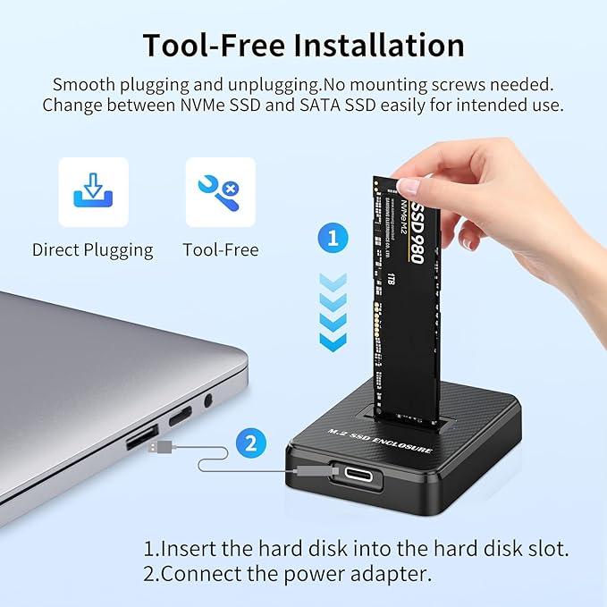 M.2 NVMe & SATA to USB Adapter - USB 3.2 Gen 2 10Gbps External SSD Enclosure, Aluminium Alloy Housing, Supports M.2 (M Key) NVMe & (B+M Key) SATA SSDs, Plug and Play External Storage Solution