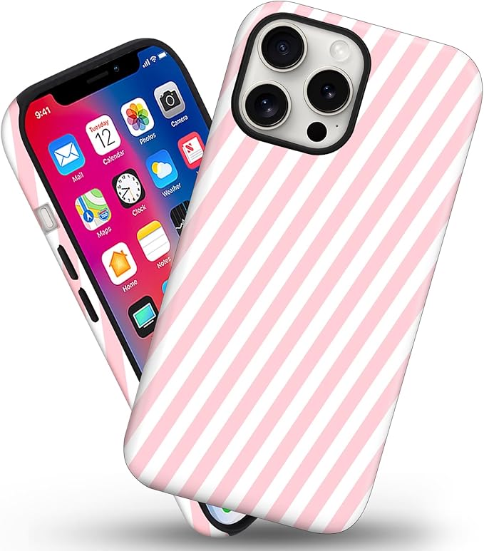Magnetic for iPhone 16 Pro Case Cute Diagonal Stripes Phone Case, Shockproof Slim TPU and Hard PC Protective Phone Cover Compatible with MagSafe Designed for Women Girls,Pink