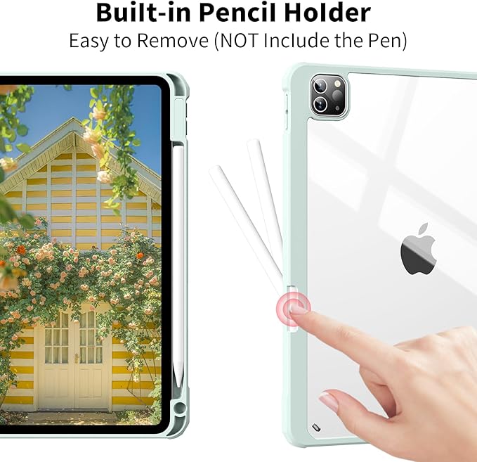Case for iPad Pro 12.9 Inch (6th/5th/4th/3rd Generation 2022/2021/2020/2018) with Pencil Holder, Clear Transparent Back Shell Slim Stand Shockproof Tablet Cover, Auto Wake/Sleep, Light Green