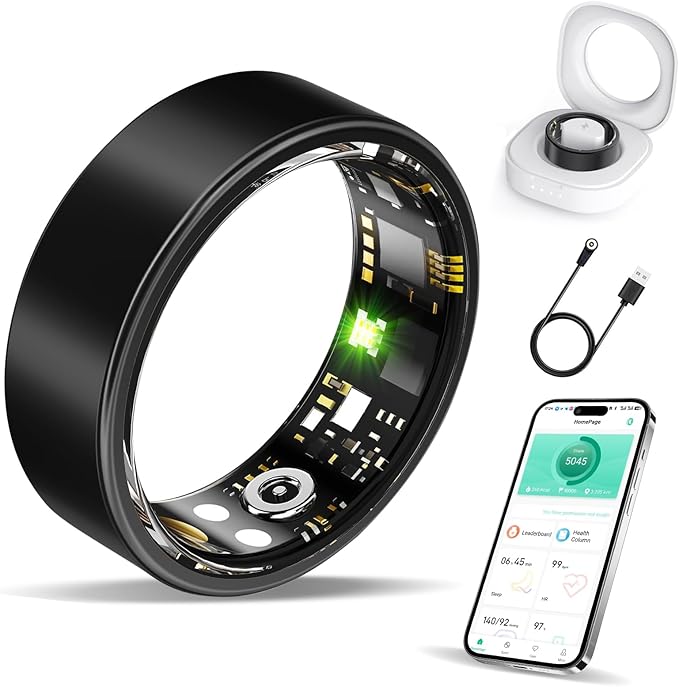 Smart Ring Health Tracker, Fitness Sleep and Heart Rate Monitor Smart Ring, Waterproof Bluetooth Fitness Tracker Ring IPX68 Waterproof (Black, 8)