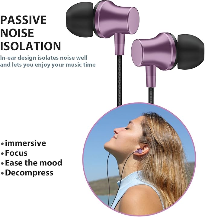 Wired Earbuds for School Chromebook Laptop PC, Noise Isolating Ear Buds with 3.5mm Plug in Audio Jack Microphone HiFi Stereo Wired Headphone Corded Earphone for Kindle Fire School Travel MP3, Purple