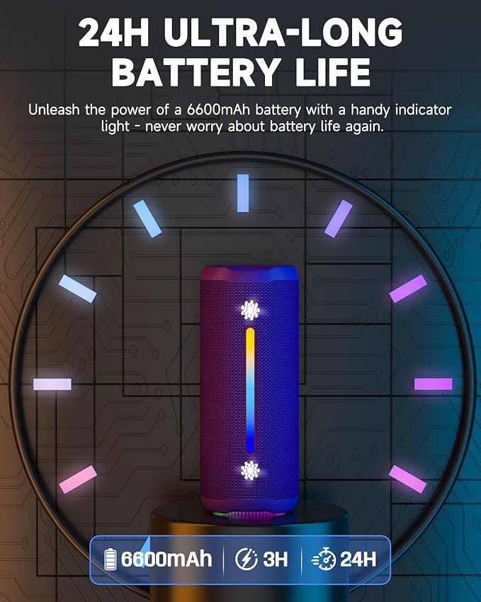 OHAYO Bluetooth Speaker, Portable Wireless, IPX7 Waterproof, Powerful 25W Sound, 24H Playtime, Dual Pairing, Active Bass, Colorful Lights, Bluetooth 5.3, Outdoor Speakers for Home/Party/Beach, Purple
