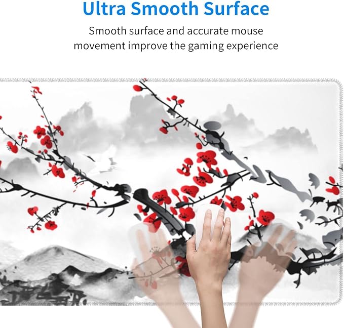 Watercolor Cherry Blossom Mouse Pad 31.5x11.8 Inch Pink Full Desk Japanese Sakura Mousepad Extended Large Non-Slip Rubber Base Waterproof Big Keyboard Mat with Stitched Edges for Gaming and Office
