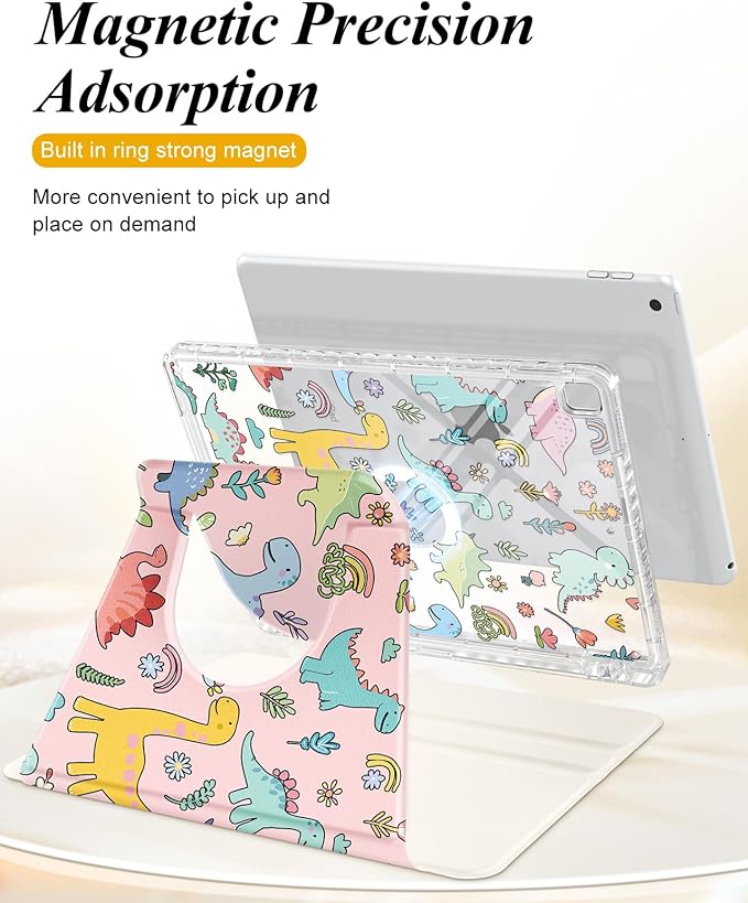 Shorogyt for iPad 9th/8th/7th Generation 10.2 Inch Case Magnetic Stand for Women - Cute Design 360 Degree Rotating Covers Girls Kids Boys with Pencil Holder for Apple i Pad 9/8/7 Gen,Dinosaur