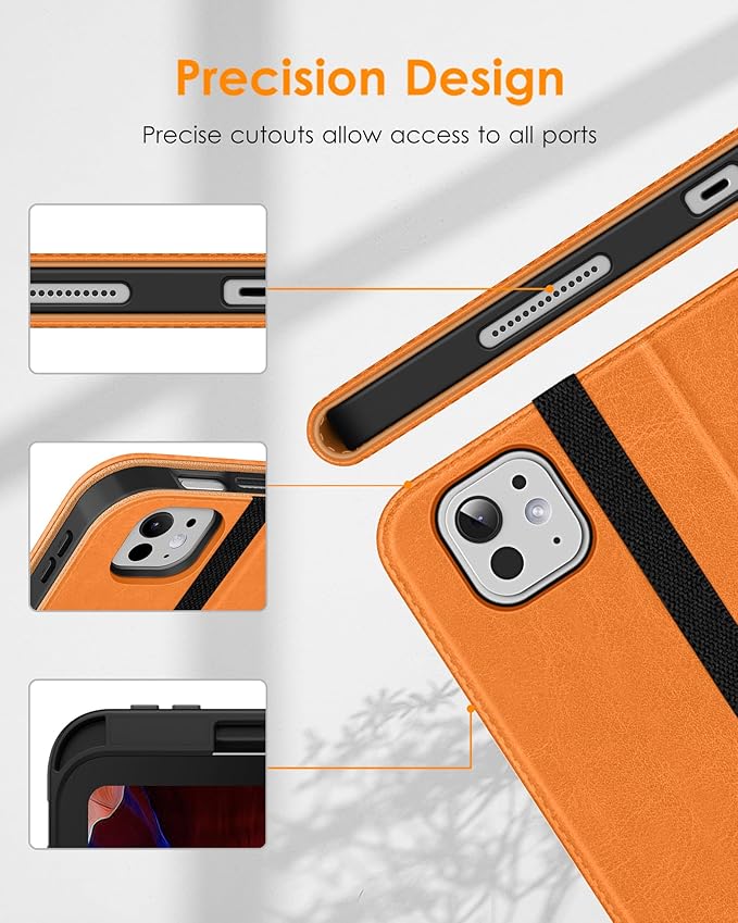 DTTO for iPad Pro 11 inch Case (M5/M4) 2025/2024, Premium Leather Business Folio Stand Cover with Pencil Holder - Auto Wake/Sleep and Multiple Viewing Angles, Orange