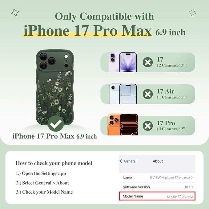 GVIEWIN for iPhone 17 Pro Max Case Compatible with MagSafe [Curly Wave Edge][Full Camera Protection] Floral Translucent Shockproof Magnetic Women Phone Case for 17 Pro Max, Floratopia/Forest Green