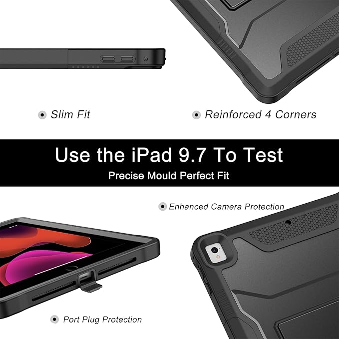 Soke Case for iPad 6th/5th Generation 9.7 Inch 2018/2017,with Built-in Screen Protector and Kickstand, Rugged Full-Body Heavy Duty Protective Cover for Apple iPad Air 2 /Pro 9.7 - Black