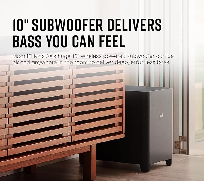 Polk Audio MagniFi Max AX 5.1.2 Channel Sound Bar with 10" Wireless Subwoofer, Dolby Atmos and DTS:X Certified, Polk's Patented VoiceAdjust & SDA Technologies, TV Speakers, Easy Setup, Black
