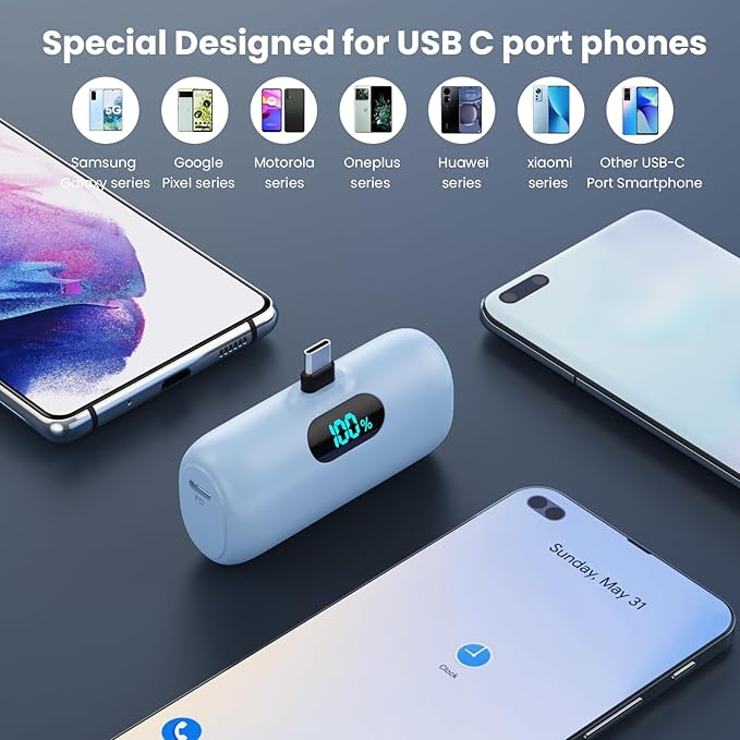 [2-Pack] Mini Portable Charger 5000mAh Power Bank,3A PD USB C Cell Phone Portable Power, LCD Display Battery Pack Compatible with iPhone 17/17 Air/16/16 pro/15/15 pro Max/Android/Samsung/Moto/LG etc