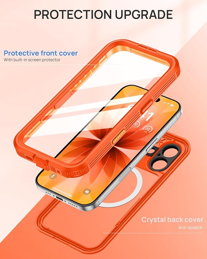 Lanhiem Magnetic for iPhone 17 Case, IP68 Waterproof, Dustproof, Compatible with Magsafe, Built-in Screen Protector, Full Body, Heavy Duty, Rugged Phone Cover, 6.3 inch, Cosmic Orange