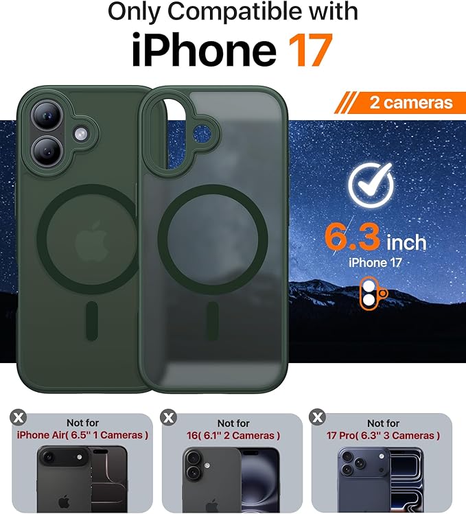 Magnetic for iPhone 17 Case,[Anti-Slip][Compatible with MagSafe][Military Grade Drop Protection] Shockproof Protective Translucent Matte Phone Case for iPhone 17 Case,Forest Green