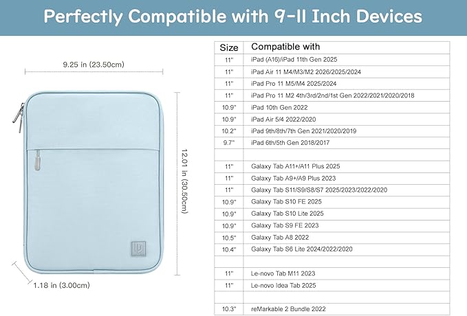 Dadanism 9-11 Inch Tablet Sleeve Padded Carrying Case for iPad (A16) 11th Gen 11", iPad 10th Gen 10.9", iPad Air M4/Pro M5 11", iPad Air 5/4, iPad 9/8/7th Gen, Galaxy Tab A11+ Plus 11", Milk Blue