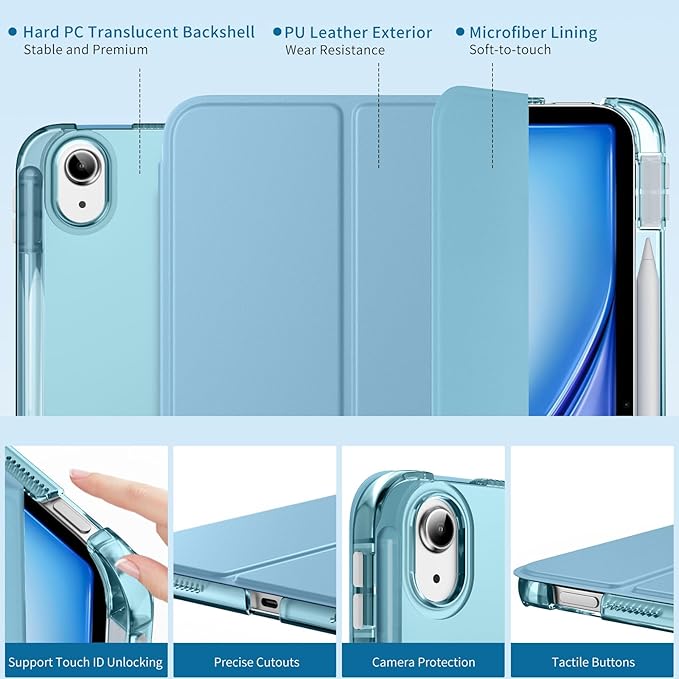 MoKo for iPad Air 11 inch Case (M4/M3/M2) 2026/2025/2024, iPad Air 5th/4th Gen 10.9 inch Case 2022/2020 with Pencil Holder, Slim Light Trifold Cover with Hard PC Translucent Back Shell, Misty Blue