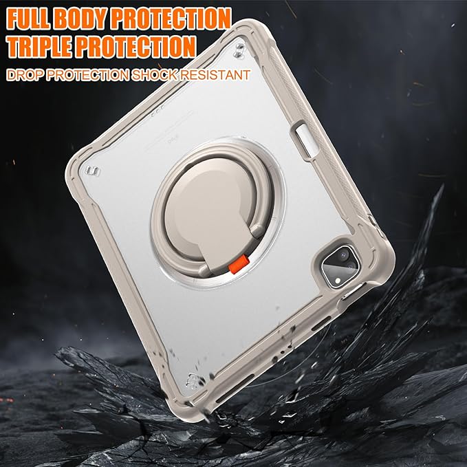 Batianda for iPad Pro 11 inch Case 2025 M5 2024 M4 Chip Lightweight Dual-Layer Protective Tablet Cover, Durable Shock-Absorbing Corners with 360° Rotating Kickstand Ring Built-in Pen Slot, Khaki