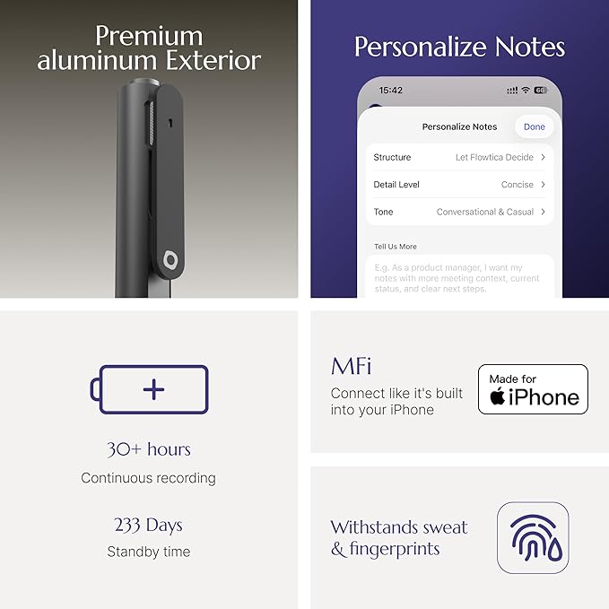 Flowtica Scribe AI Voice Recorder, App Control, Transcribe & Summarize, HiFi Audio with Noise Cancellation, Background Auto-Sync, Note Taker for Meetings & Lectures, Ultra-Slim, Pogopin Cable Included