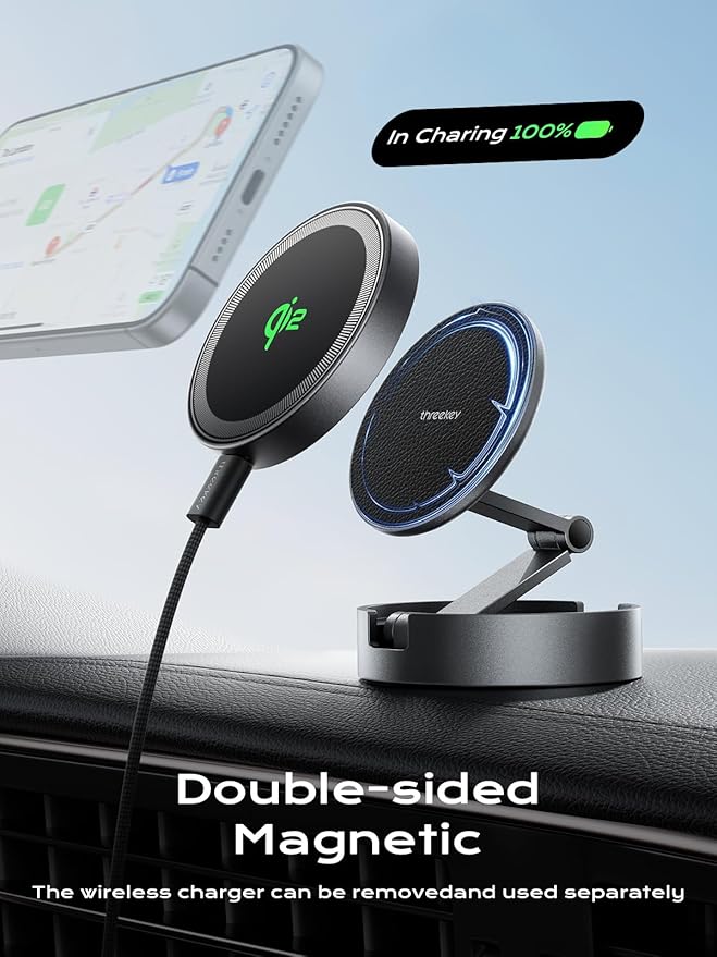 THREEKEY Qi2 Certified MagSafe Car Mount Charger Lite,Car Wireless Charger,15W Magnetic Charger Fast Charging,Retractable Phone Holder with 360°Rotation,Car Mount for iPhone17-12&Galaxy S25 Ultra