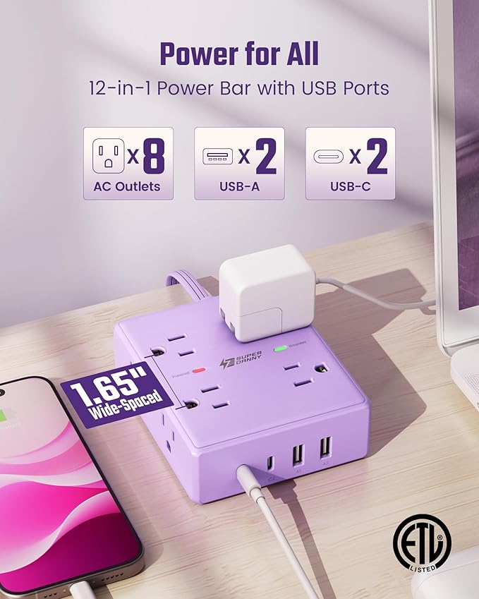 Purple Extension Cord 10Ft, Flat Plug Surge Protector Power Strip Kawaii, 8 Outlets & 4 USB Ports (2 USB C), Cute Stuff Purple Room Decor, Lavender Office Desk Accessories for Girls