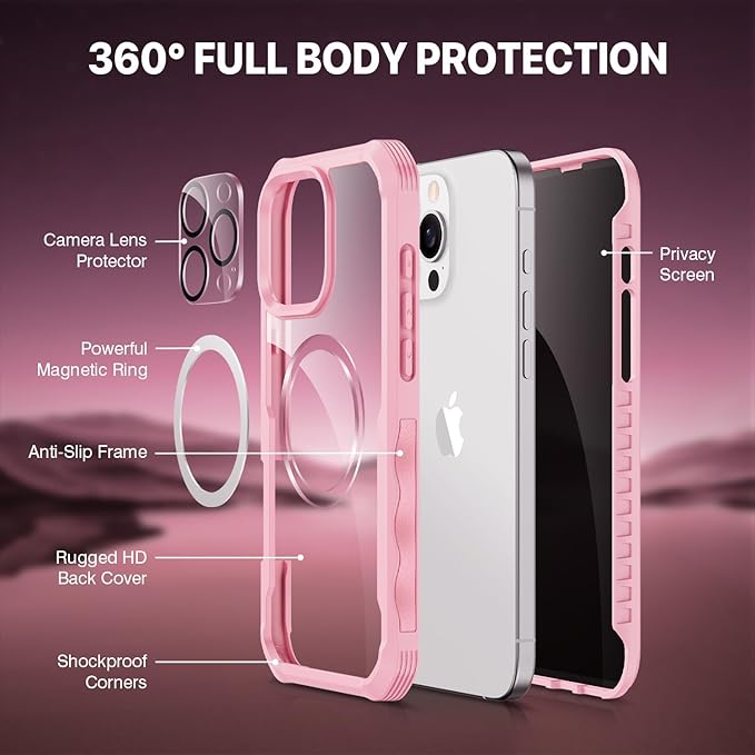 CENHUFO Magnetic Privacy for iPhone 16 Pro Case [Compatible with Magsafe] Full Body Phone Case Built-in 9H Tempered Glass Privacy Screen Protector and Camera Lens Cover, Shockproof Bumper - Pink