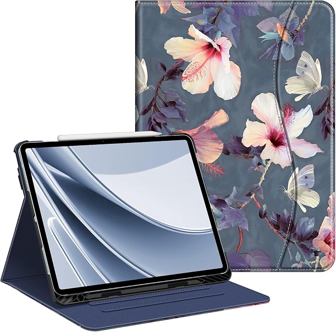 Fintie Folio Case for iPad Air 13-inch M4/M3/M2 (2026/2025/2024), Multi-Angle Viewing Protective Stand Cover with Pencil Holder & Pocket, Auto Sleep/Wake, Blooming Hibiscus