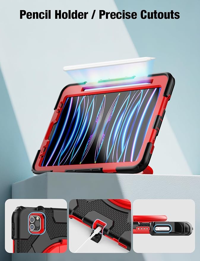 SCSVPN Kids Case for iPad Air 5th/4th Generation 10.9-inch 2022/2020 & iPad Pro 11'' 4th/3rd/2nd/1st Gen 2022 2021 2020 2018 Protection Case with Pen Holder, Stand, Handle, Shoulder Strap, Black Red