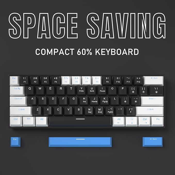 Camiysn 60% Mechanical Gaming Keyboard,White Black Blue Keycaps Gaming Keyboard with Linear Red Switch, Detachable Type-C Cable Mini Keyboard with Blue LED Light for Windows/Mac/PC/Laptop