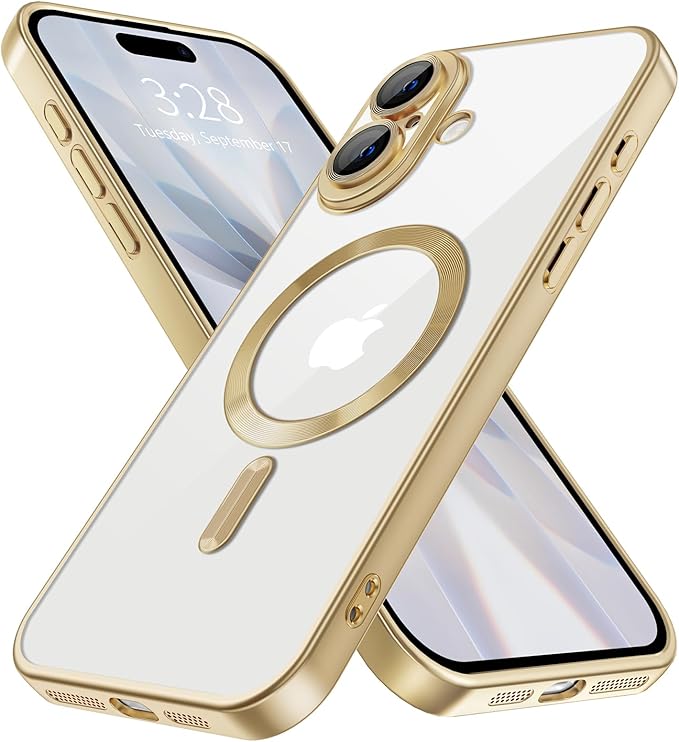 Hython Magnetic Clear for iPhone 17 Case with Camera Lens Protector [Compatible with MagSafe] Luxury Plating Edge Slim Soft TPU Cover Protective Phone Case for iPhone 17 6.3", Matte Gold