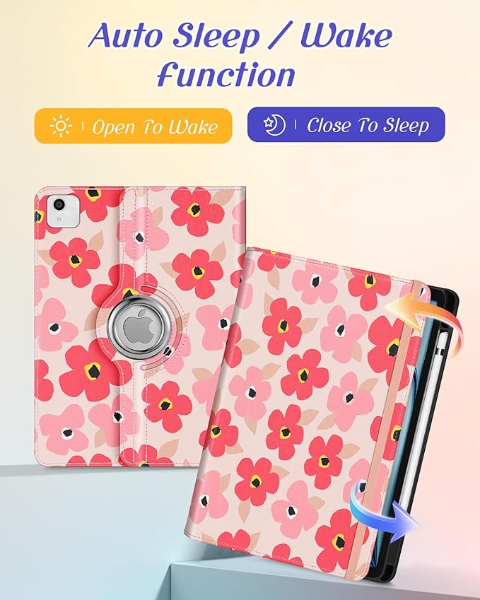 Kidcube for iPad Air 11 Inch Case M3/M2, Air 5th/4th Generation Cases 10.9'', Pro 11'' 2020 - Women Girls Aesthetic Cute Rotating Stand Folio Cover with Pencil Holder & Card Slot Floral Flowers