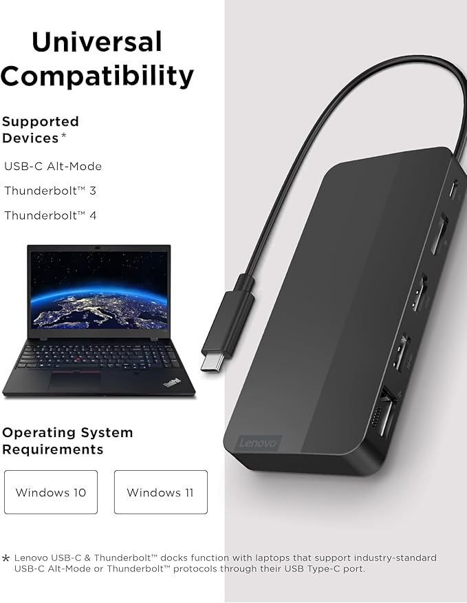 Lenovo USB-C Dual Display Travel Dock w/ 100W Power Adapter - 7 Ports, Integrated USB-C Cable, Universal Compatibility, Dual Displays at 4K - Black