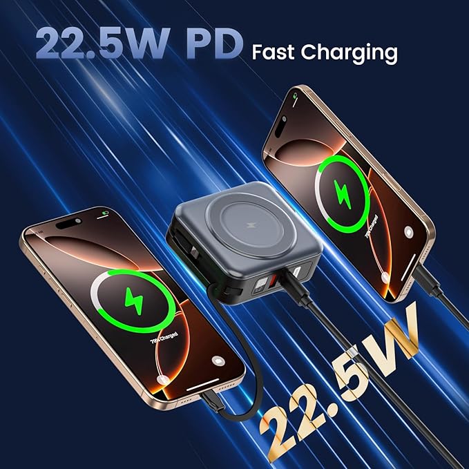 for Magsafe Portable Charger with AC Wall Plug, 6-in-1 Magnetic Wireless Power Bank 10000mAh Built-in Cables, 22.5W Type-C in&Out Fast Charging Battery Pack for iPhone 17/16/15/14/13/12 Series, Gray