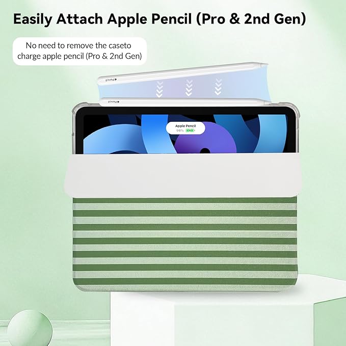 Lovmooful Compatible for iPad Air 6th 11-inch M2 (2024),iPad Air 5/4 (2022/2020 5th/4th Generation 10.9-Inch) Case with Pencil Holder Cute Striped Design Soft TPU Trifold Stand Protective-Dark Green