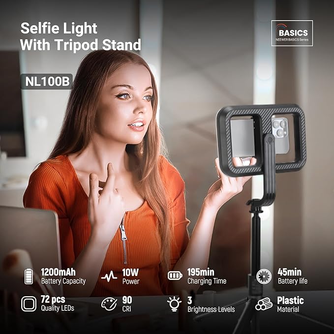 NEEWER Basics 10W Selfie Light with Tripod Stand, 1200mAh LED Square Ring Lighting, 72" Selfie Stick Phone Holder Compatible with iPhone, CRI90 3 Modes Remote for Travel Vlog Video Recording, NL100B