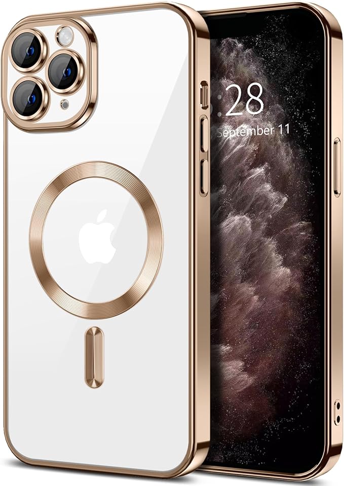 Hython Magnetic Clear for iPhone 11 Pro Max Case with Camera Lens Protector [Compatible with MagSafe] Plating Edge Slim Soft TPU Cover Protective Phone Case for iPhone 11 Pro Max 6.5", Desert Brown
