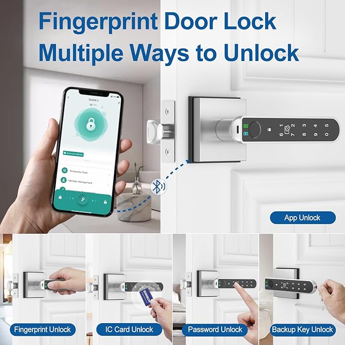 BIWIBON Fingerprint Door Lock, 5 in 1 Finger Print Door Knob with Smart APP/Fingerprint/IC Cards/Password/Backup Keys, Smart Door Knob with Keypad for Bedroom, Office, Apartment, Square Silver