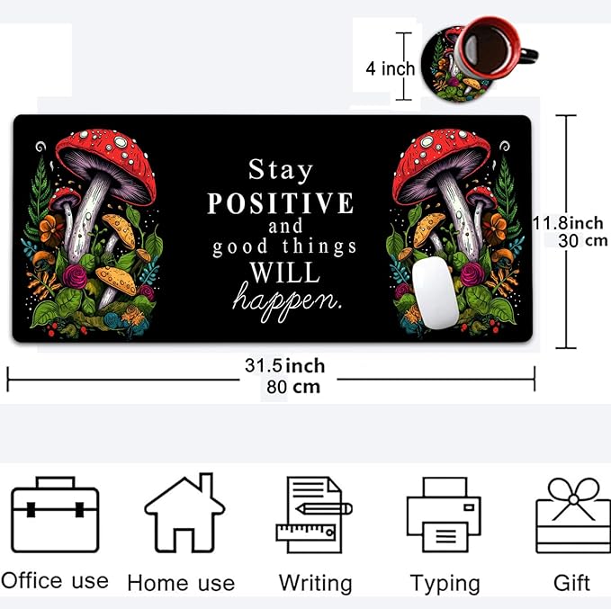 Large Mouse Pad, 31.5 x 11.8in Extended Gaming Mouse Pad with Stitched Edges, XXL Mousepad Protector Non Slip Rubber Base for Office and Home Writing Mat,Red Mushroom Pattern Black Desk Mat