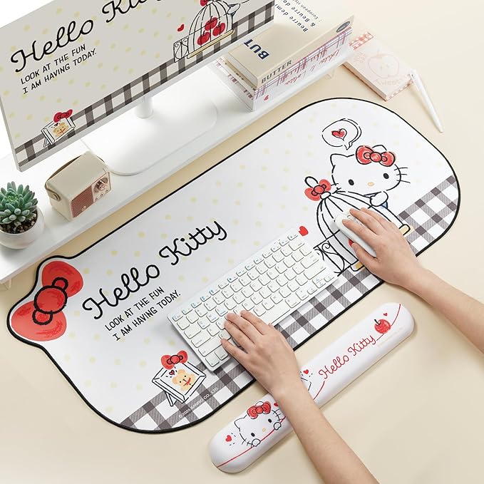 Kuitmor Cartoon Cat Mouse Pad Wrist Rest Support Set, Non-Slip Desk Mat and Memory Foam Wrist Rest for Keyboard and Mouse, Perfect for Gaming or Home Office Work - HLK