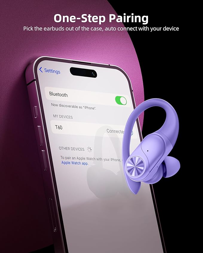 PocBuds Bluetooth Headphones Wireless Earbuds 80hrs Playtime Wireless Charging Case Digital Display Sports Ear buds with Earhook Deep Bass IPX7 Waterproof Over-Ear Earphones for TV Phone Laptop Purple
