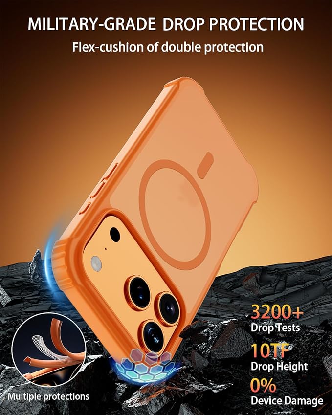 for iPhone 17 Pro Case, Magnetic Shockproof Matte Semi-Transparent Orange Cover, Compatible with MagSafe, Durable Anti-Fingerprint Anti-Scratch 3-in-1 Set Phone Case