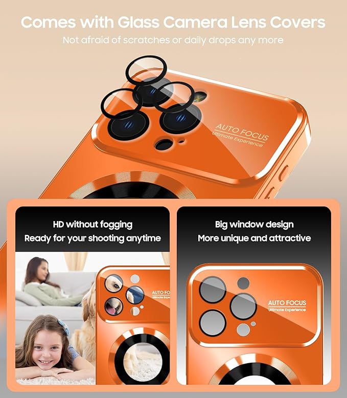 MAKAVO Magnetic for iPhone 16 Pro Max Case, Compatible with MagSafe, Built-in Camera Lens Protector, Logo View, Military Grade Drop Protection Phone Cover, Orange