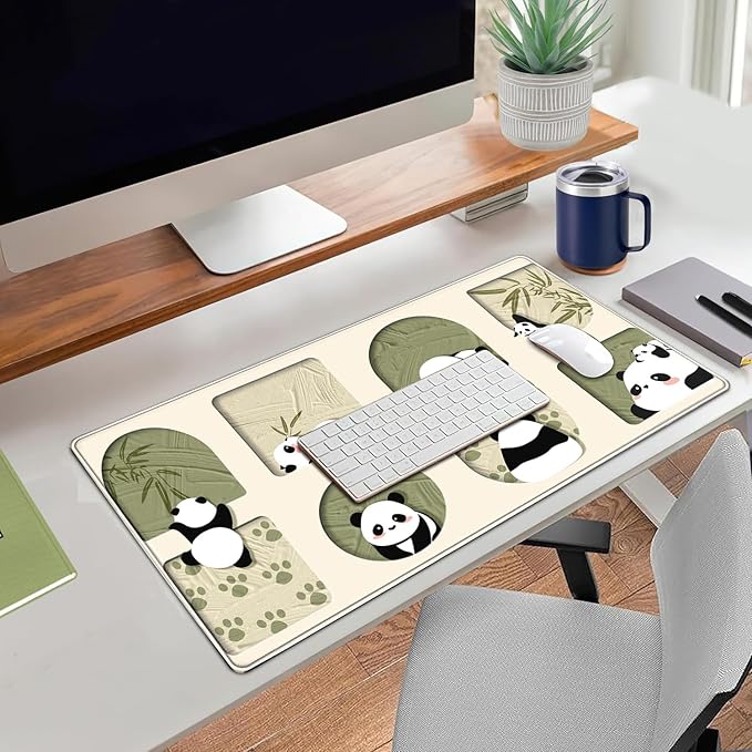 Cute Kawaii Panda Desk Mat Large Beige Mouse Pad XXL Mouse Pad Keyboard Mat, Cute Desk Accessories Office Decor, Extended Mousepad 31.5 X15.7 Non-Slip Rubber Base with Stitched Edges