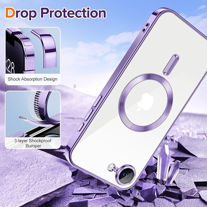 Hython Magnetic Clear for iPhone 17e Case with Camera Lens Protector [Compatible with MagSafe] Luxury Plating Edge Slim Soft TPU Cover Protective Phone Case for iPhone 17e 6.1", Light Purple