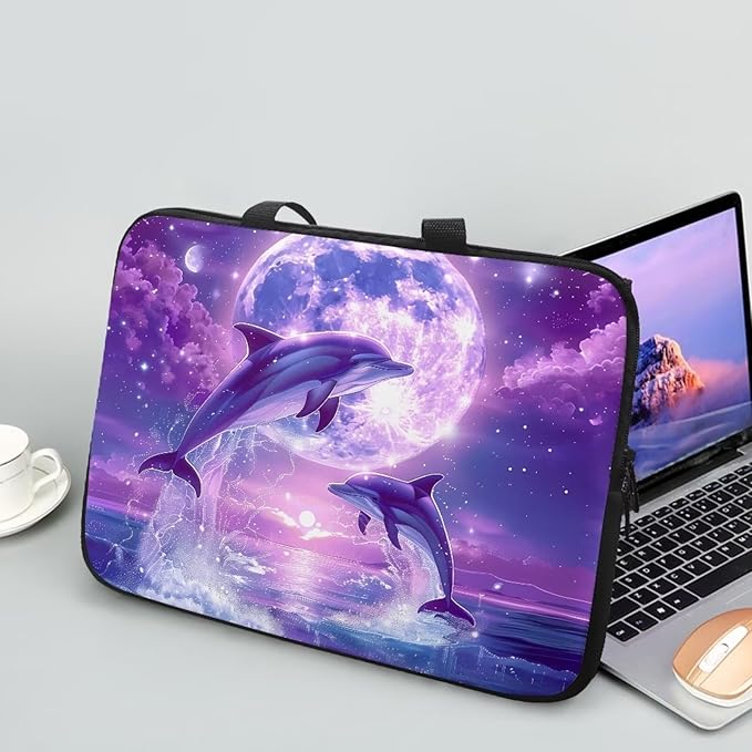 Purple Dolphin Full Moon Laptop Case 12 Inch, Waterproof Laptop Sleeve for Women Men, Portable Laptop Cover Computer Carrying Bag Cases with Handle, Fits Tablet/Notebook/Reader