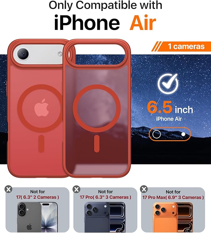 Magnetic for iPhone Air Case 2025,[Anti-Slip][Compatible with MagSafe][Military Grade Drop Protection] Shockproof Protective Translucent Matte Phone Case for iPhone 17 Air Case,Red