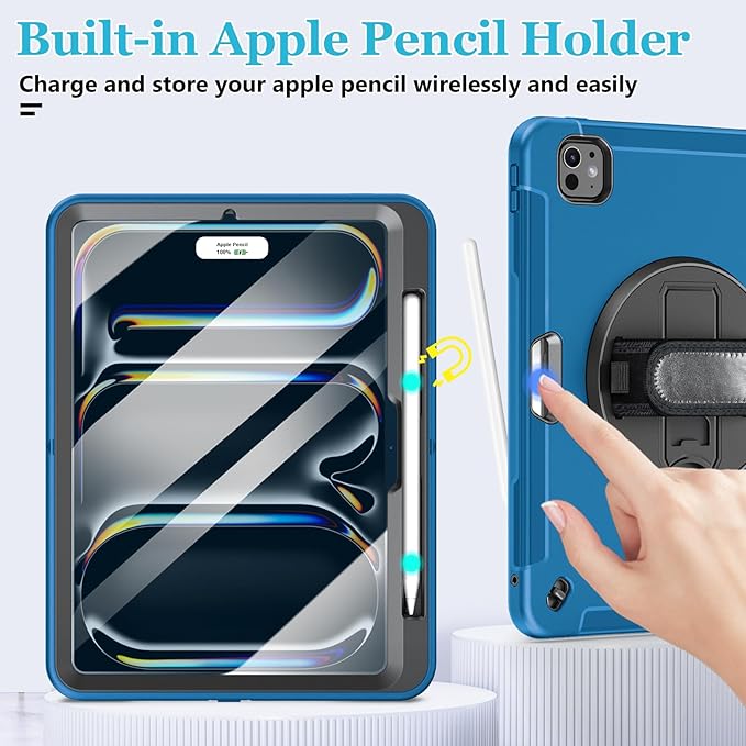 Case for iPad Pro 13 Inch M5 2025/ M4 2024: Military Grade Cover for iPad Pro 13" with Screen Protector - Stand - Handle - Shoulder Strap - Pencil Holder- Blue