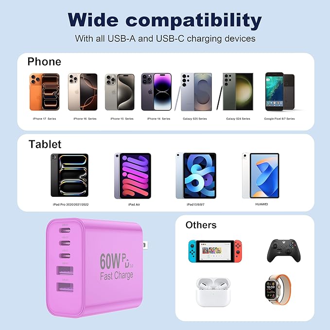 USB C Charger Block, 60W 5 in 1 Charging Blocks, PD 3.0 Fast Charger, QC 2A Purple Wall Plug Multiport Type C Charging Block for iPhone 17 16 15 14 13 12 Pro Max, iPad, iPod, Samsung, AirPods Pro