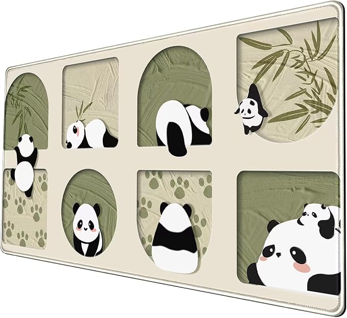 Cute Kawaii Panda Desk Mat Large Beige Mouse Pad XXL Mouse Pad Keyboard Mat, Cute Desk Accessories Office Decor, Extended Mousepad 31.5 X15.7 Non-Slip Rubber Base with Stitched Edges