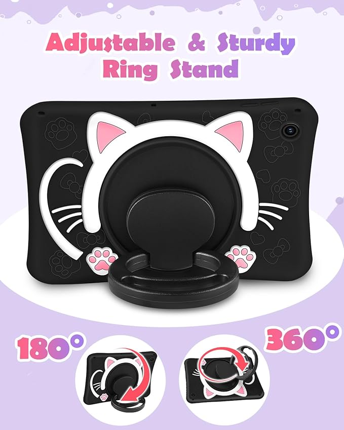 Wazzasoft for Samsung Galaxy Tab A9 Plus Case 11” Girls Cute Black Cat Cover Kawaii Girly 3D Cartoon Women Kitten with Rotating Handle Stand & Strap Soft Silicon Funda for Samsung A9 Plus Tablet Case